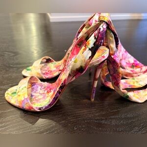 Christian Louboutin Floral Satin High Heel Sandals - Pink Multi